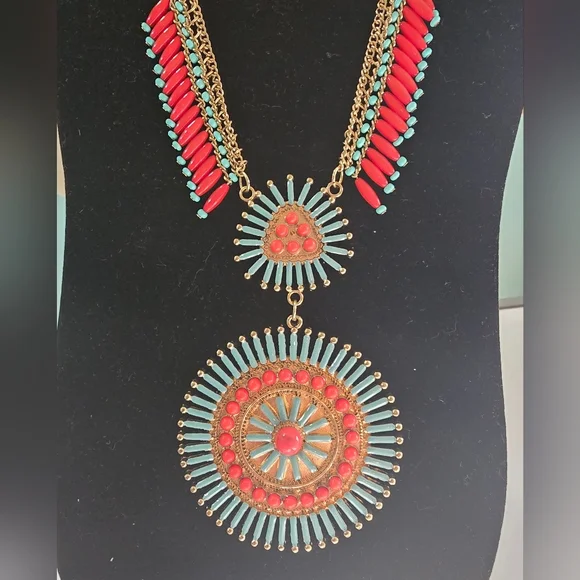 Elegant Gold and Red Squash Blossom Styled Necklace - Picture 2 of 6